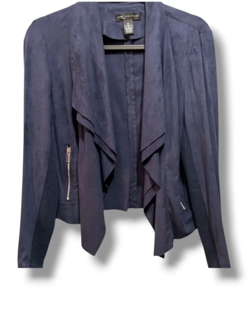 Joan Vass New York Women’s Blue Navy Micro Suede Moto Jacket Draped Layered Fall